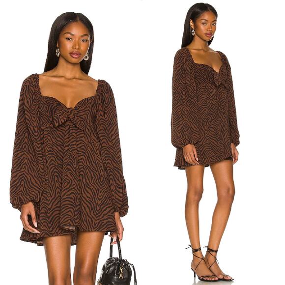Lovers‎ & Friends Fai Mini Dress Babydoll Tiger Print Brown Black Long Sleeve - Picture 1 of 11